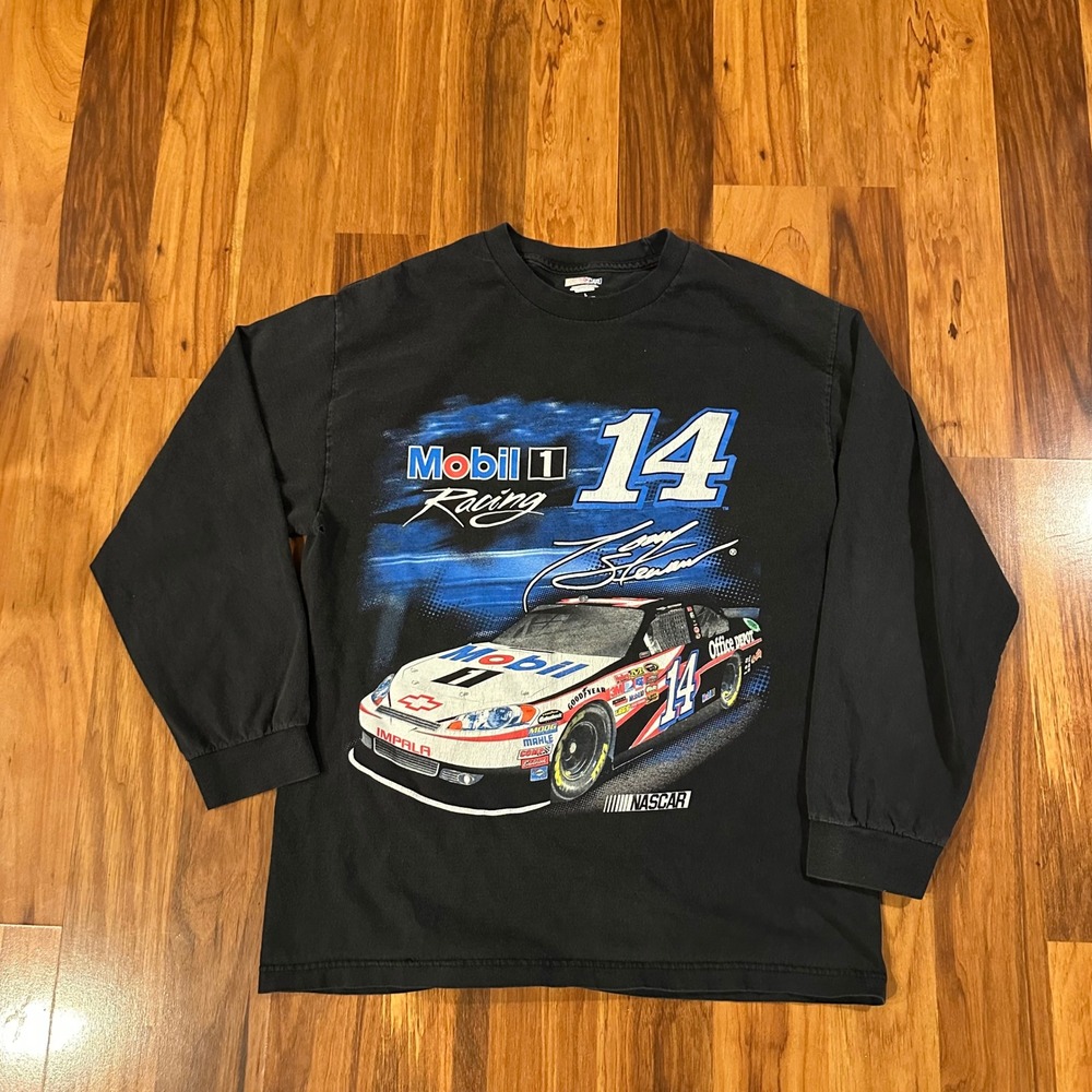 NASCAR Tony Stewart 14 Mobil 1 Racing Long Sleeve T-Shirt Mens L Black Graphic